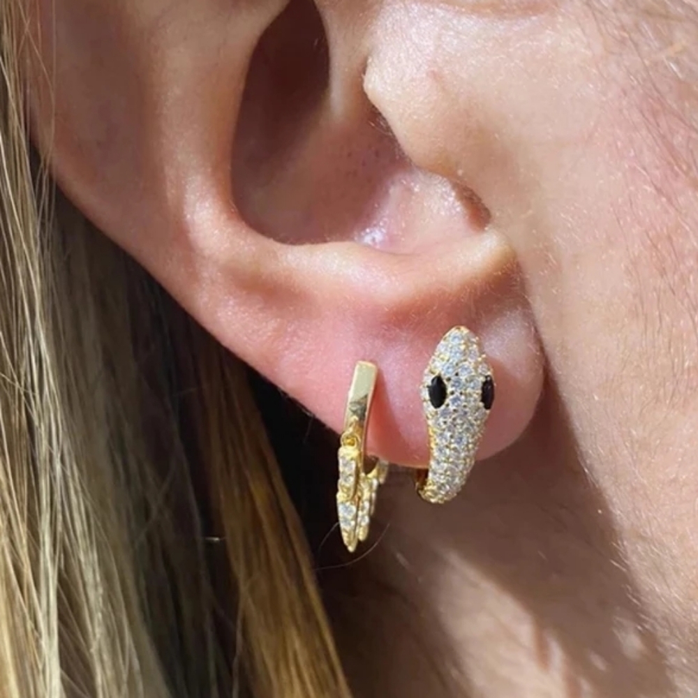 🐍Serpent Snake Hoop Stacking 925 Sterling Silver Yellow Gold Green Zircon Pave - Picture 5 of 16